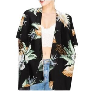 Black Palm Leaf Print Kimono 100% Polyester Open w/Dolman Sleeves -OS